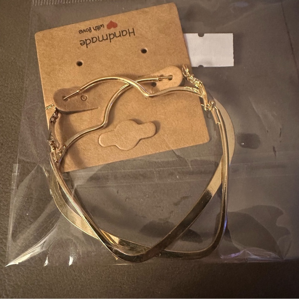 Gold Heart Hoop Drop Earrings Minimalist 2.25 Inch - Picture 11 of 13